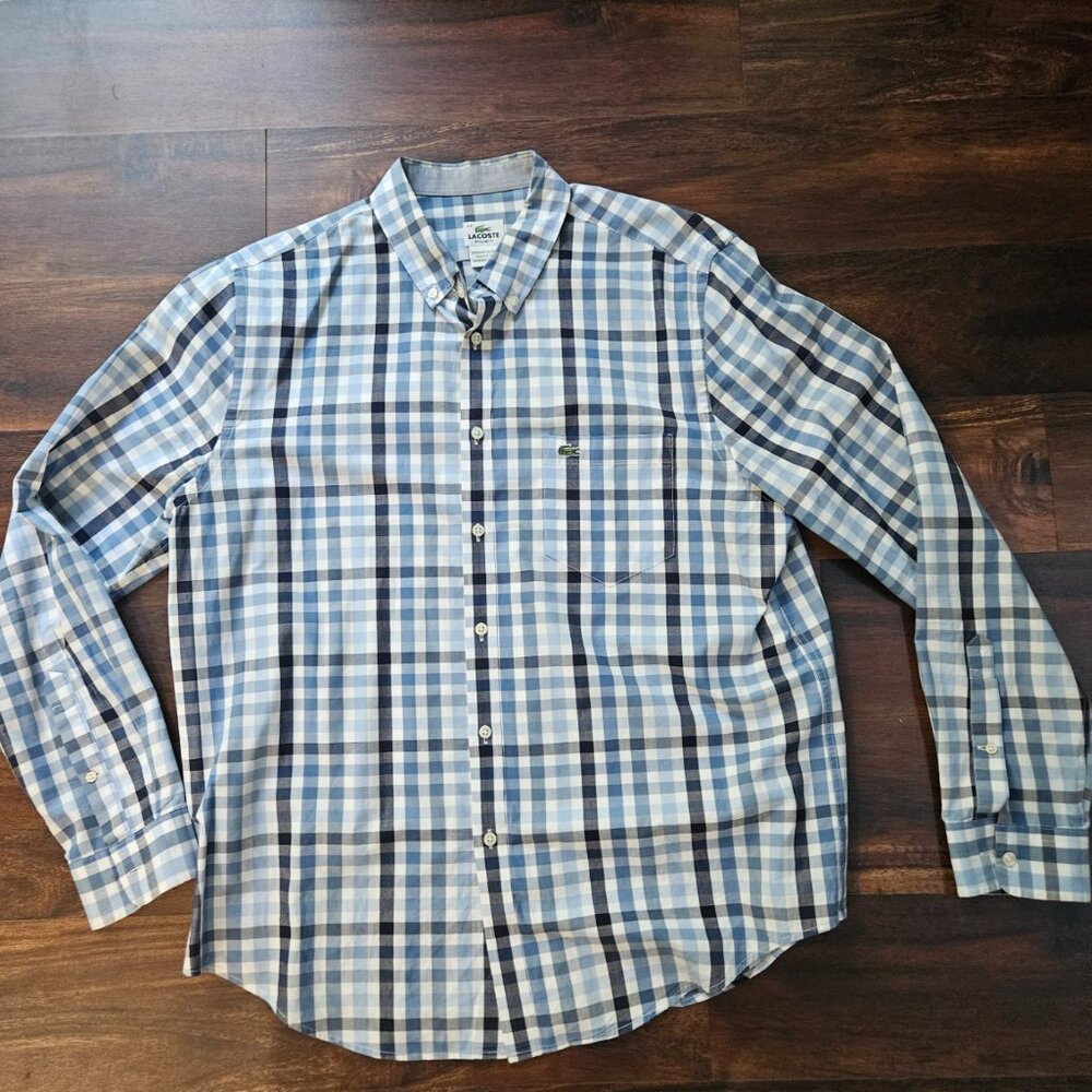 Lacoste Regular Fit Shirt Mens Size 44 Blue Gingham Checkered Plaid Alligator